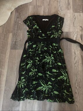 Evan Picone Black Dress with Green Floral Print